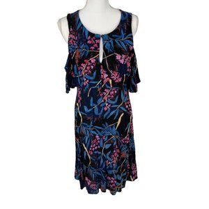 Anthropologie Maeve Elia Black Blue Floral Print Cold Shoulder Mini Dress 8
